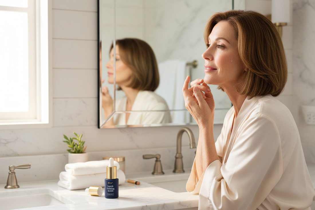 Elegant older woman applying City Beauty UpLift Firming Serum in a luxurious marble bathroom