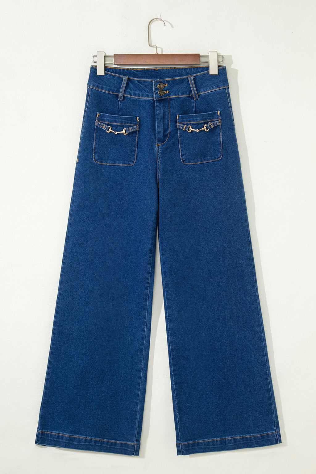 Sail Blue Hardware Decor Patched Pockets Wide Leg Denim Pants