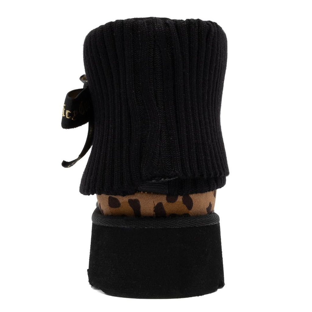 Juicy Couture Women’s Ankle Boots – Micro Suede Booties with Faux Fur Lining, Ribbed Knit Collar, Juicy Logo Bow-Pierre-Black Leopard-8