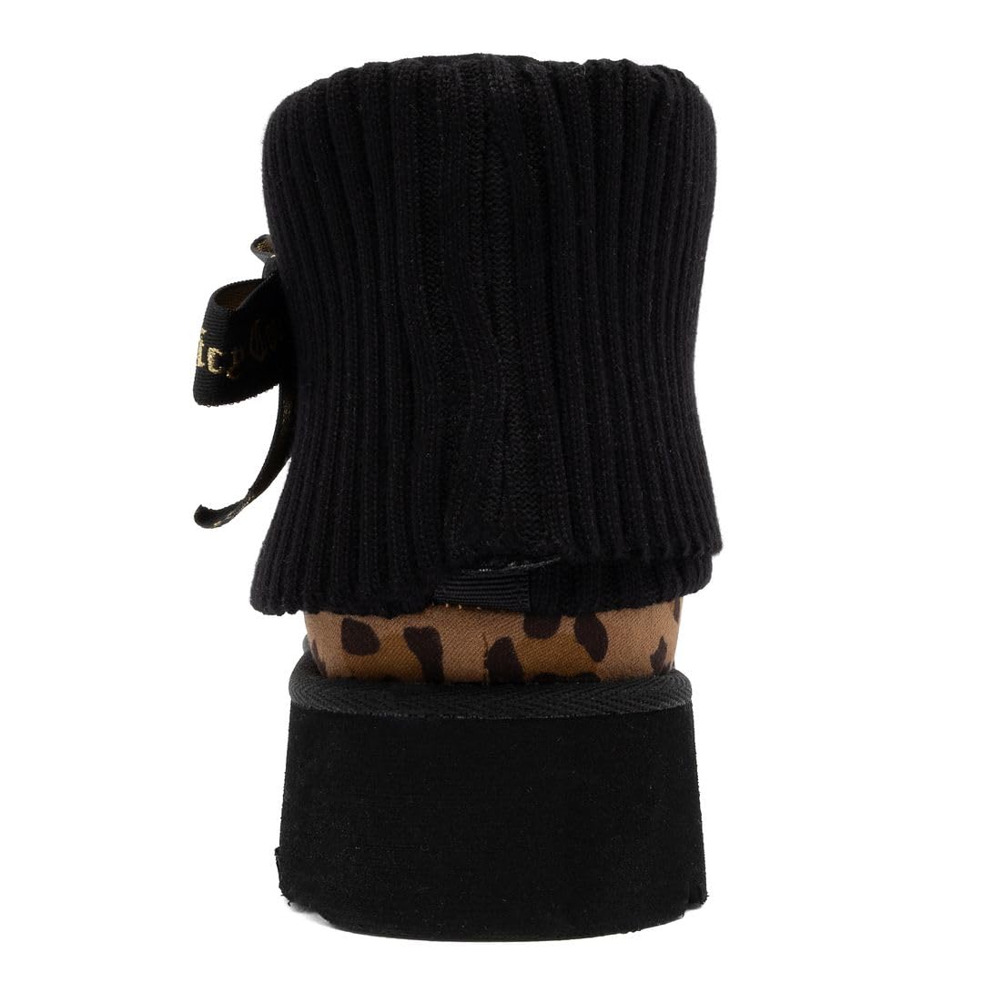 Juicy Couture Women’s Ankle Boots – Micro Suede Booties with Faux Fur Lining, Ribbed Knit Collar, Juicy Logo Bow-Pierre-Black Leopard-8