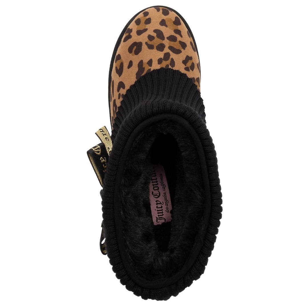 Juicy Couture Women’s Ankle Boots – Micro Suede Booties with Faux Fur Lining, Ribbed Knit Collar, Juicy Logo Bow-Pierre-Black Leopard-8