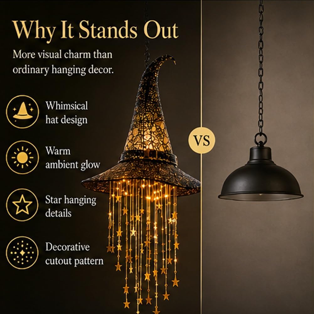 Lighted Witch Hat Hanging Chime, LED Halloween Hanging Decor，4 Pack