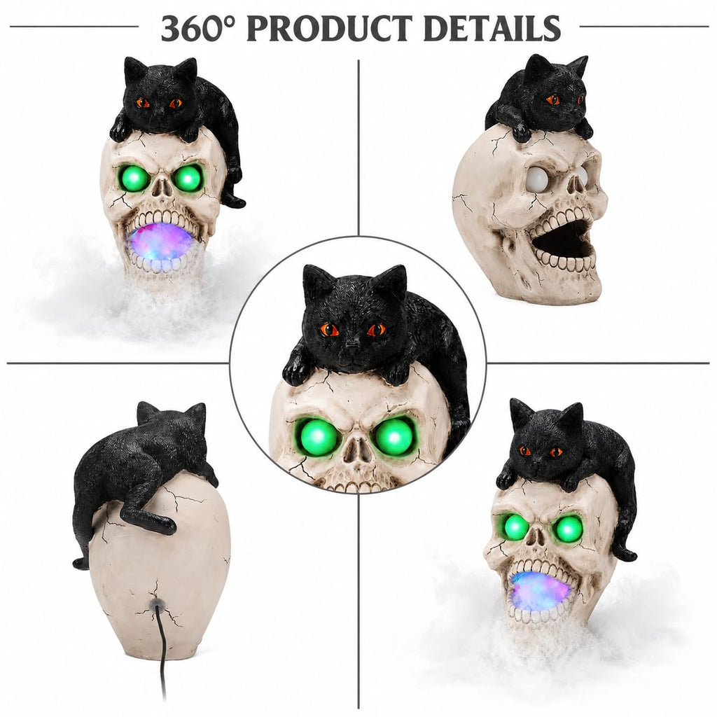 Halloween Black Cat Skull Mist Decoration with Glowing Green Eyes, Lighted Resin Skull Cat Decor with Built-in Atomizer, Spooky Tabletop Decor for Indoor Party Living Room Haunted House
