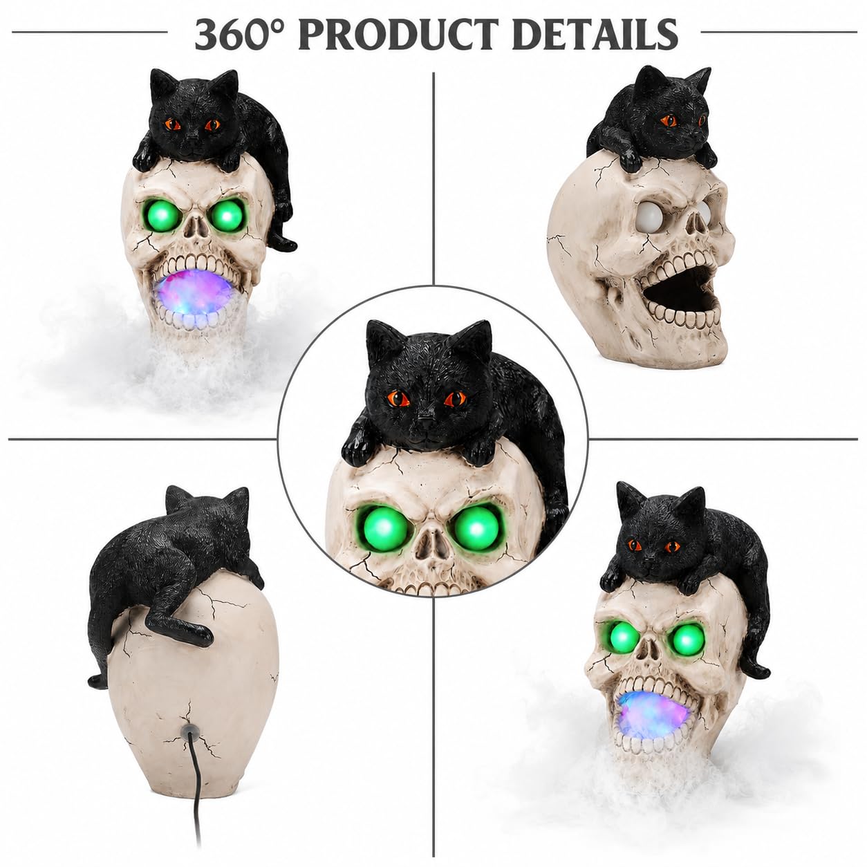 Halloween Black Cat Skull Mist Decoration with Glowing Green Eyes, Lighted Resin Skull Cat Decor with Built-in Atomizer, Spooky Tabletop Decor for Indoor Party Living Room Haunted House