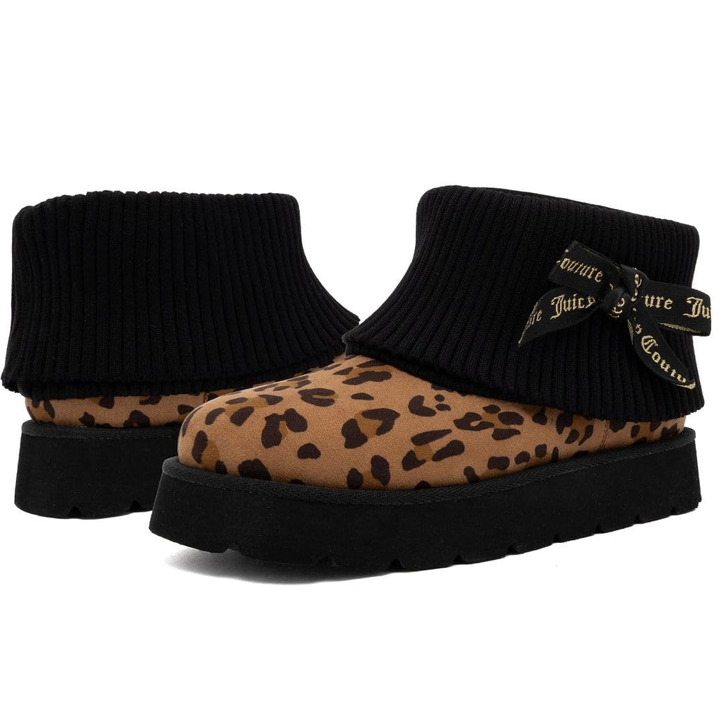 Juicy Couture Women’s Ankle Boots – Micro Suede Booties with Faux Fur Lining, Ribbed Knit Collar, Juicy Logo Bow-Pierre-Black Leopard-8