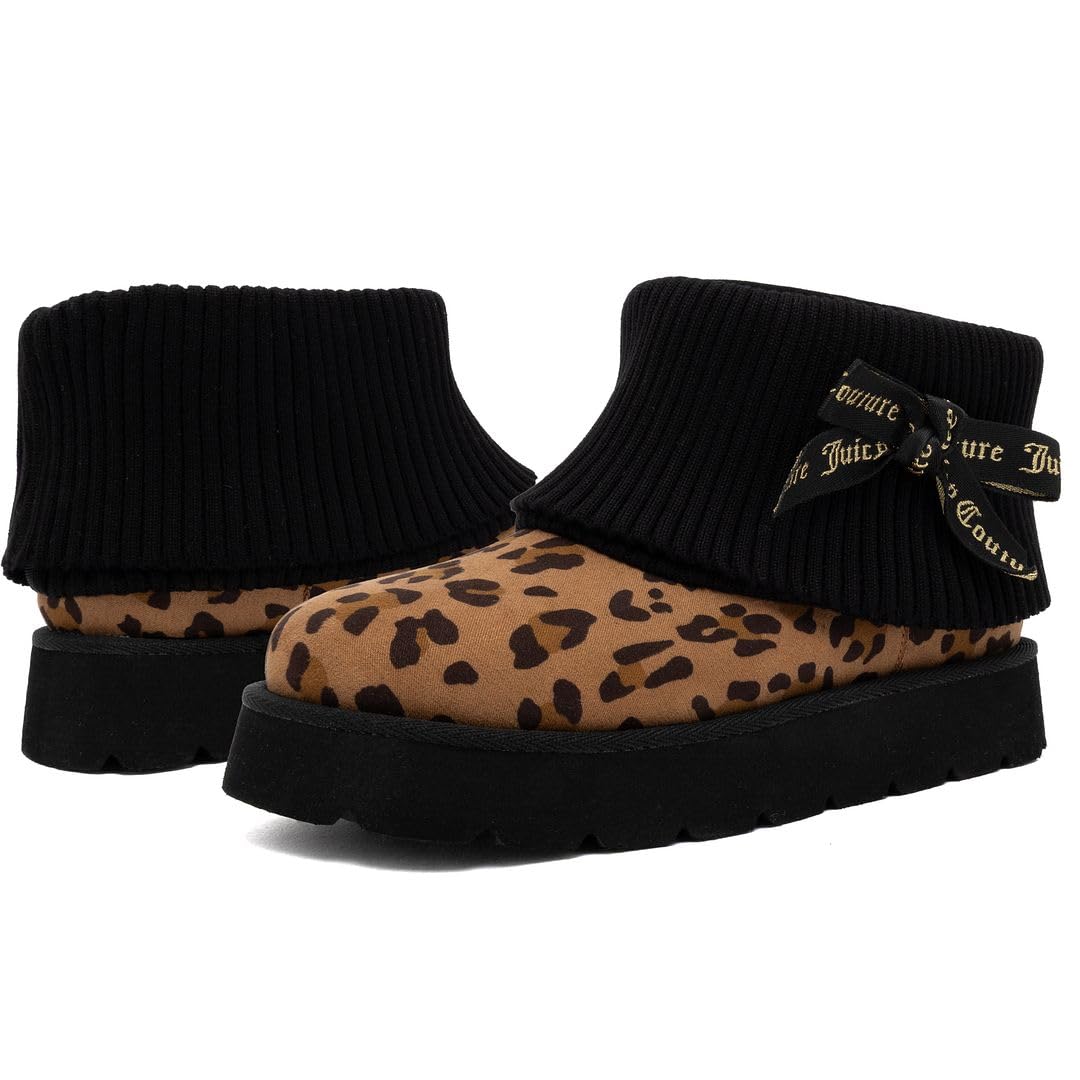 Juicy Couture Women’s Ankle Boots – Micro Suede Booties with Faux Fur Lining, Ribbed Knit Collar, Juicy Logo Bow-Pierre-Black Leopard-8
