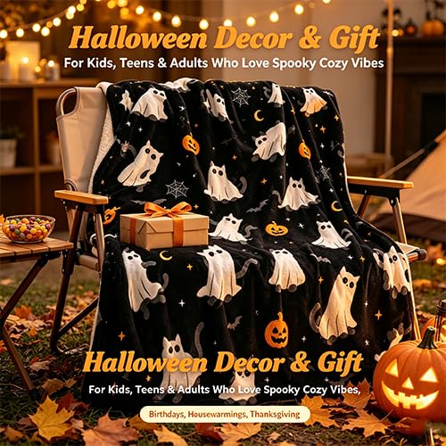 Konijoyce Halloween Throw Blanket Grid Pumpkin Cat Bat Ghost Flannel Throw Blanket for Living Room Couch Bed Chair Halloween Decor Gifts for Kids Adults