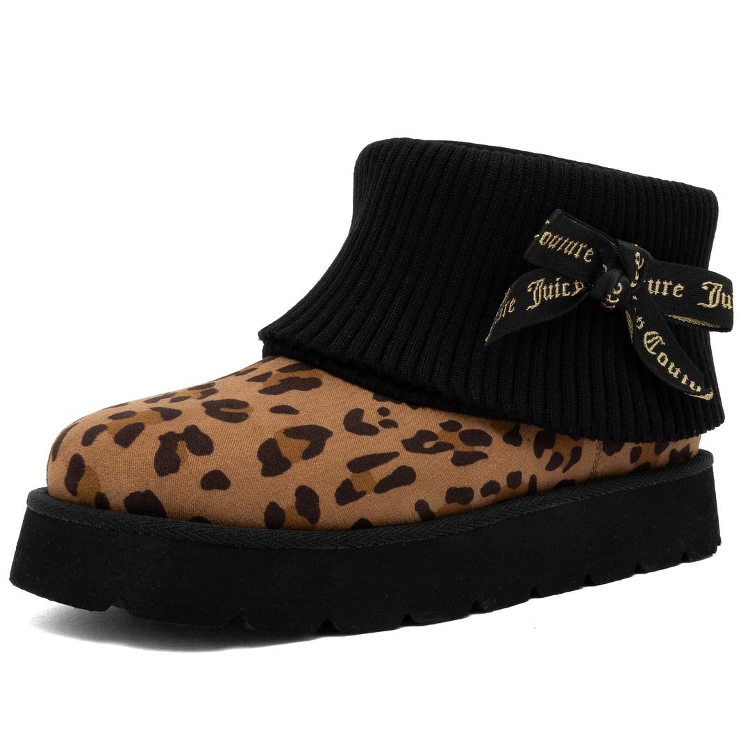 Juicy Couture Women’s Ankle Boots – Micro Suede Booties with Faux Fur Lining, Ribbed Knit Collar, Juicy Logo Bow-Pierre-Black Leopard-8