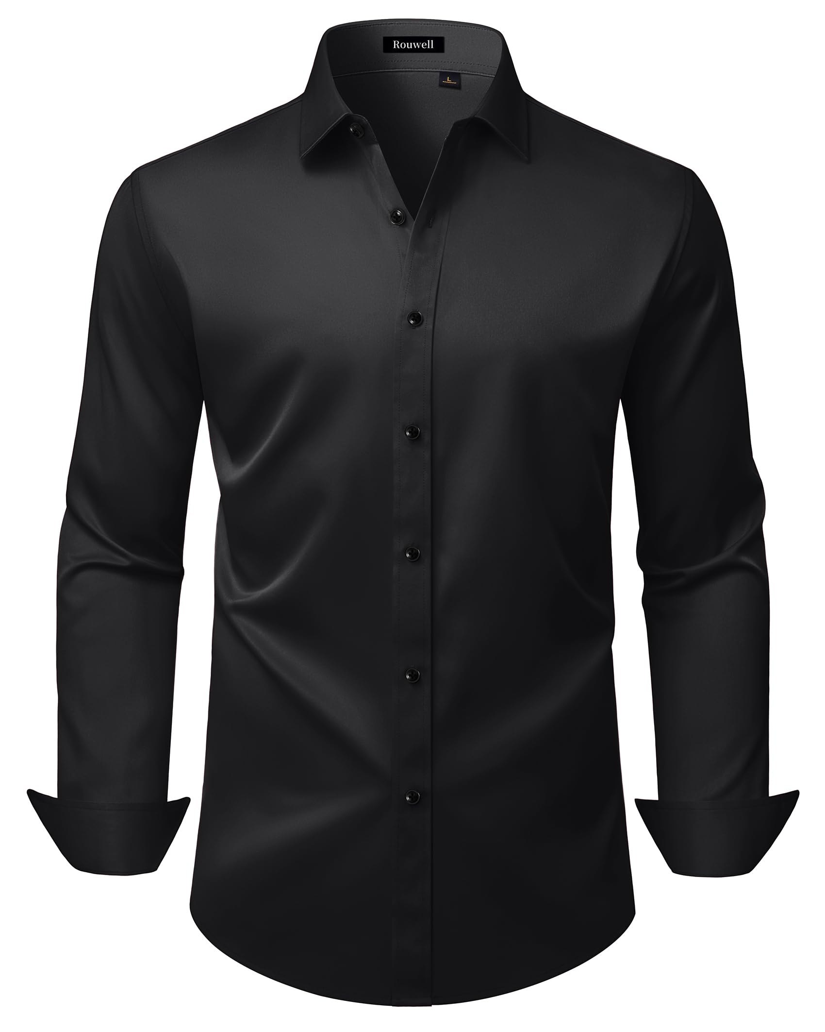 ROUWELL Black Button Up Shirt Men Long Sleeve Non Iron Wrinkle Free Stretch Business Formal Work Dress Shirts M