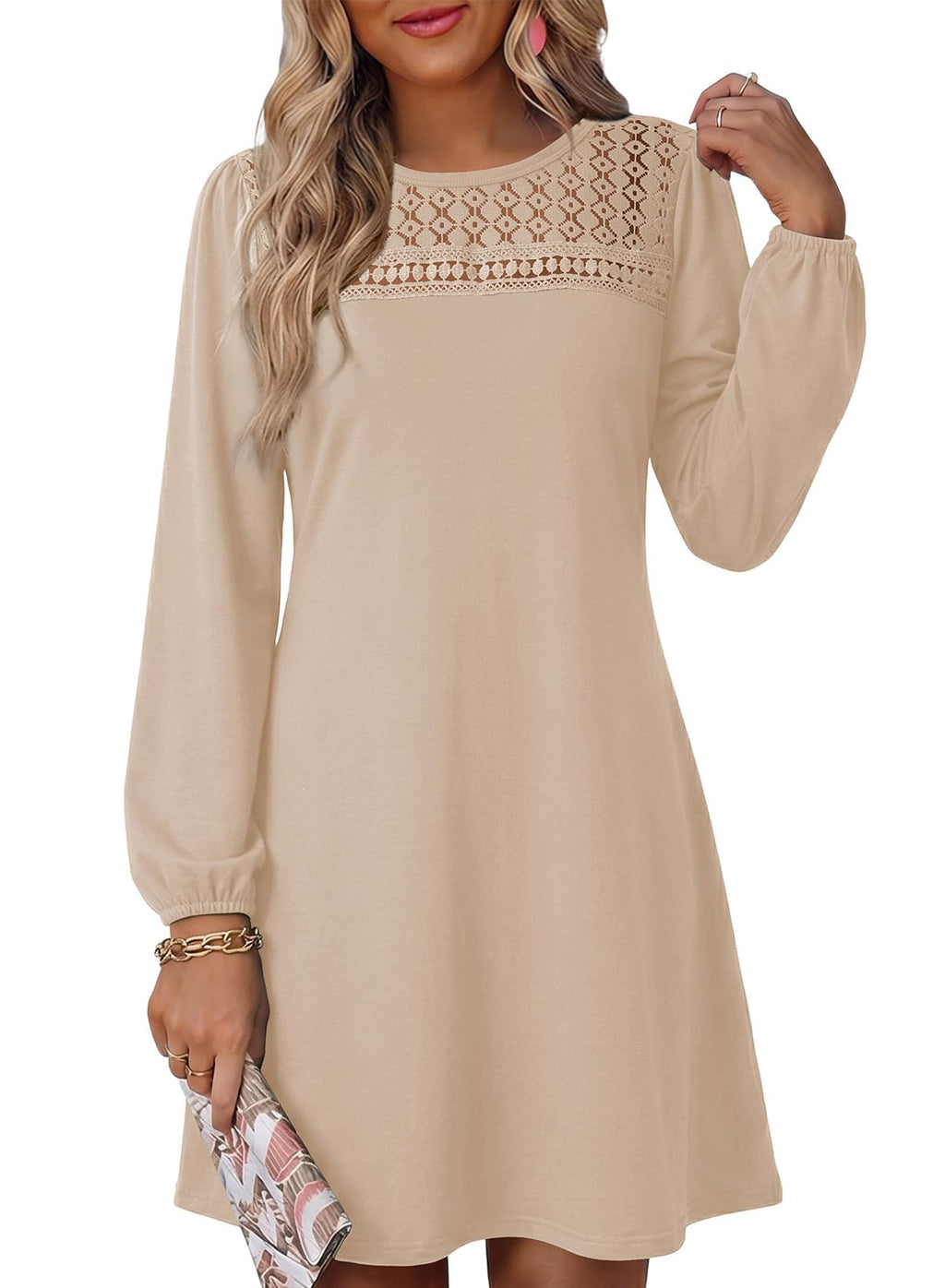 Dokotoo Fall Weddig Guest Dresses for Women Long Sleeve Mini Dress Beige S