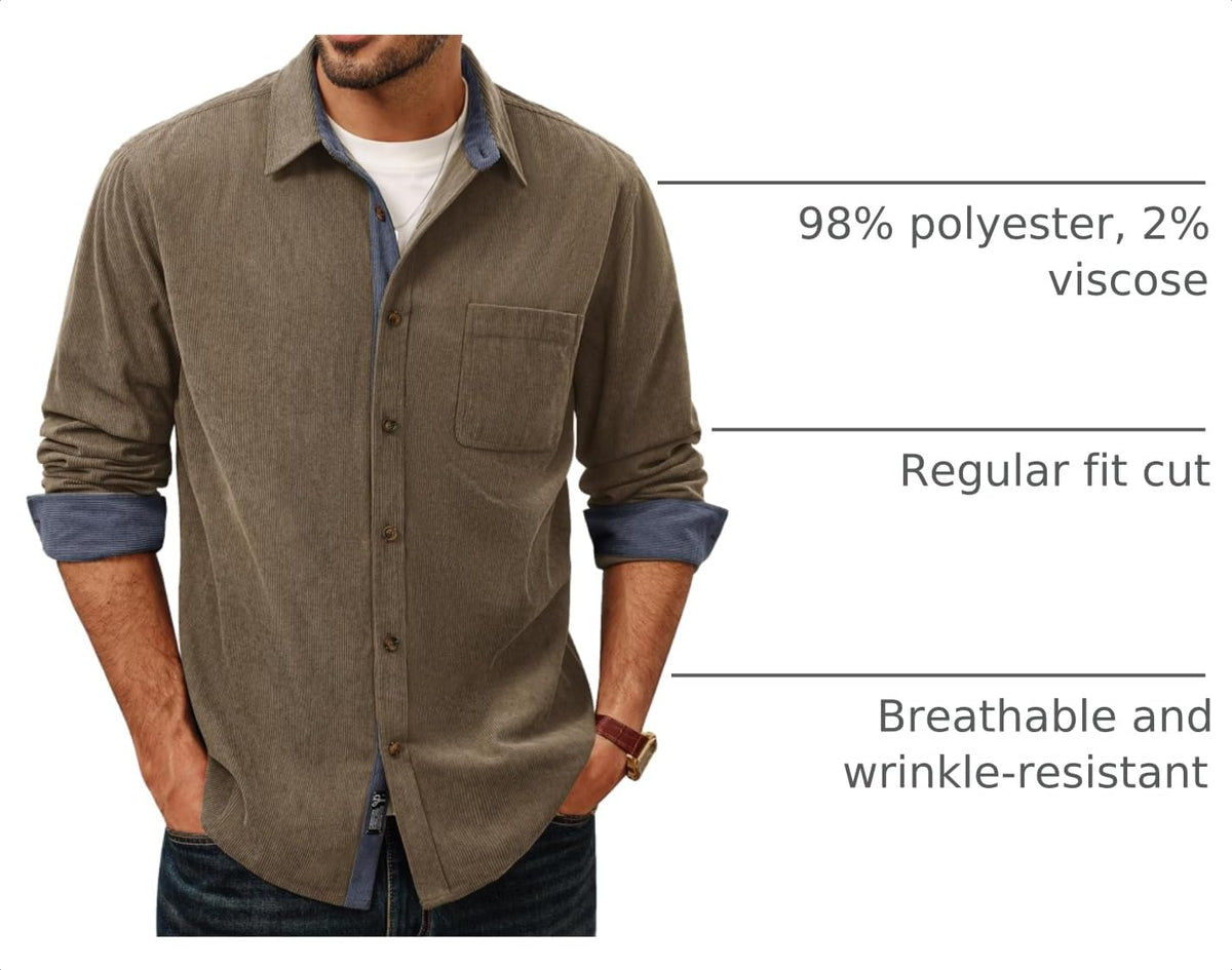 PJ PAUL JONES Men's Button Down Shirt Corduroy Long Sleeve Casual Shirts