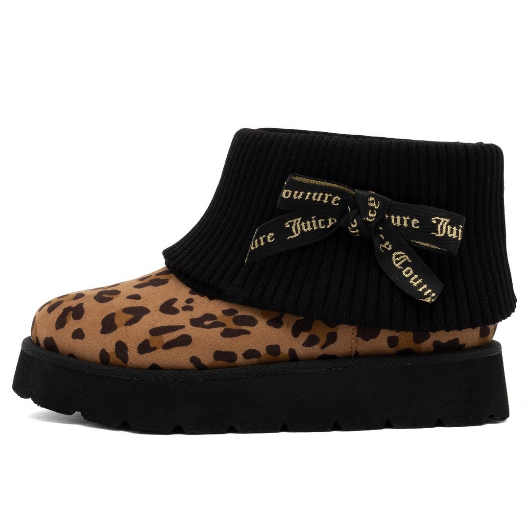 Juicy Couture Women’s Ankle Boots – Micro Suede Booties with Faux Fur Lining, Ribbed Knit Collar, Juicy Logo Bow-Pierre-Black Leopard-8