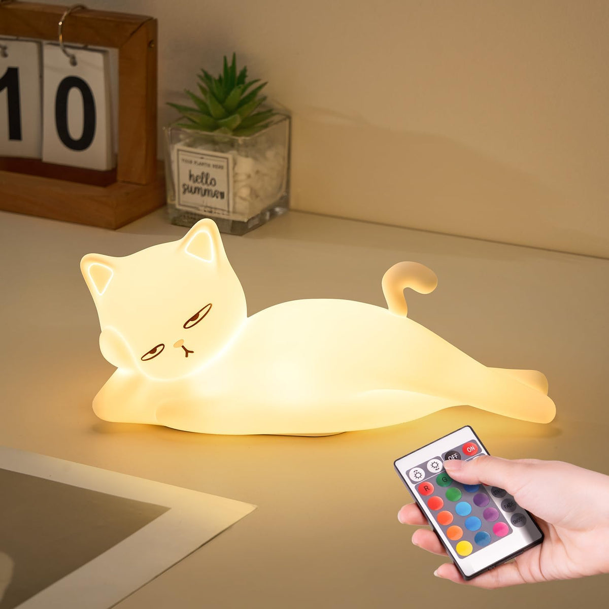 Mubarek Lying Flat Cat Lamp – 16 Colors, Touch & Remote, Rechargeable