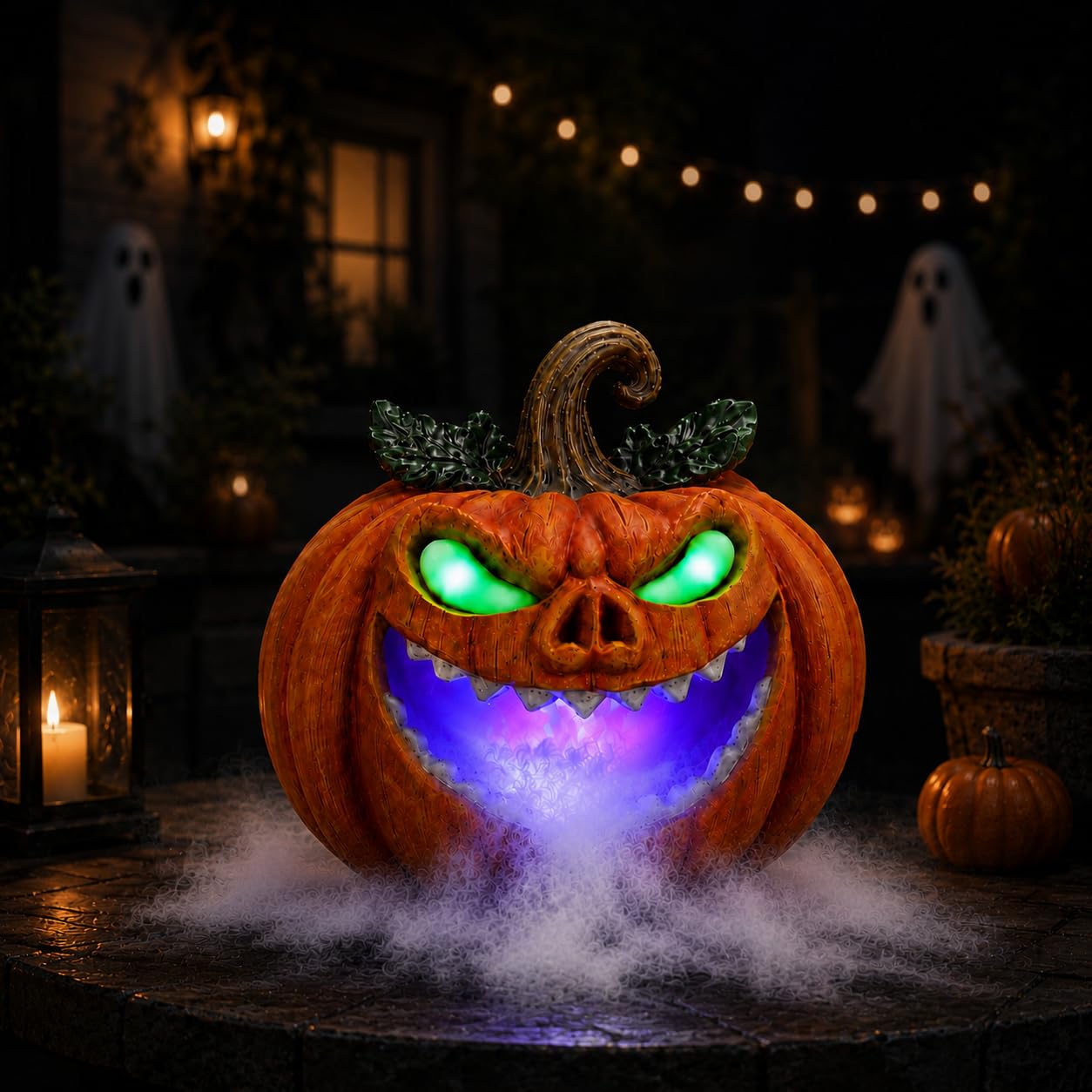 Sprgarde Halloween Pumpkin Mist Maker with Glowing Green Eyes, Lighted Resin Vine Pumpkin Monster with Fog Effect, USB-C Tabletop Decor for Indoor Parties and Haunted Houses