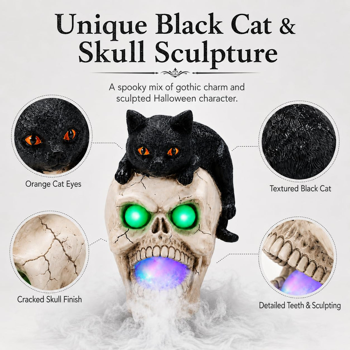 Halloween Black Cat Skull Mist Decoration with Glowing Green Eyes, Lighted Resin Skull Cat Decor with Built-in Atomizer, Spooky Tabletop Decor for Indoor Party Living Room Haunted House