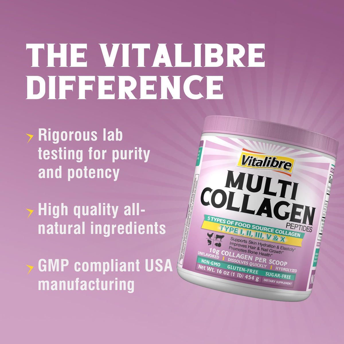 Vitalibre Multi Collagen Peptides Powder Type I II III V X, Hydrolyzed Collagen Protein for Women and Men, Skin, Hair, Nails, Unflavored, Non-GMO, Keto & GF, Zero Sugar, 45 Servings, 16oz
