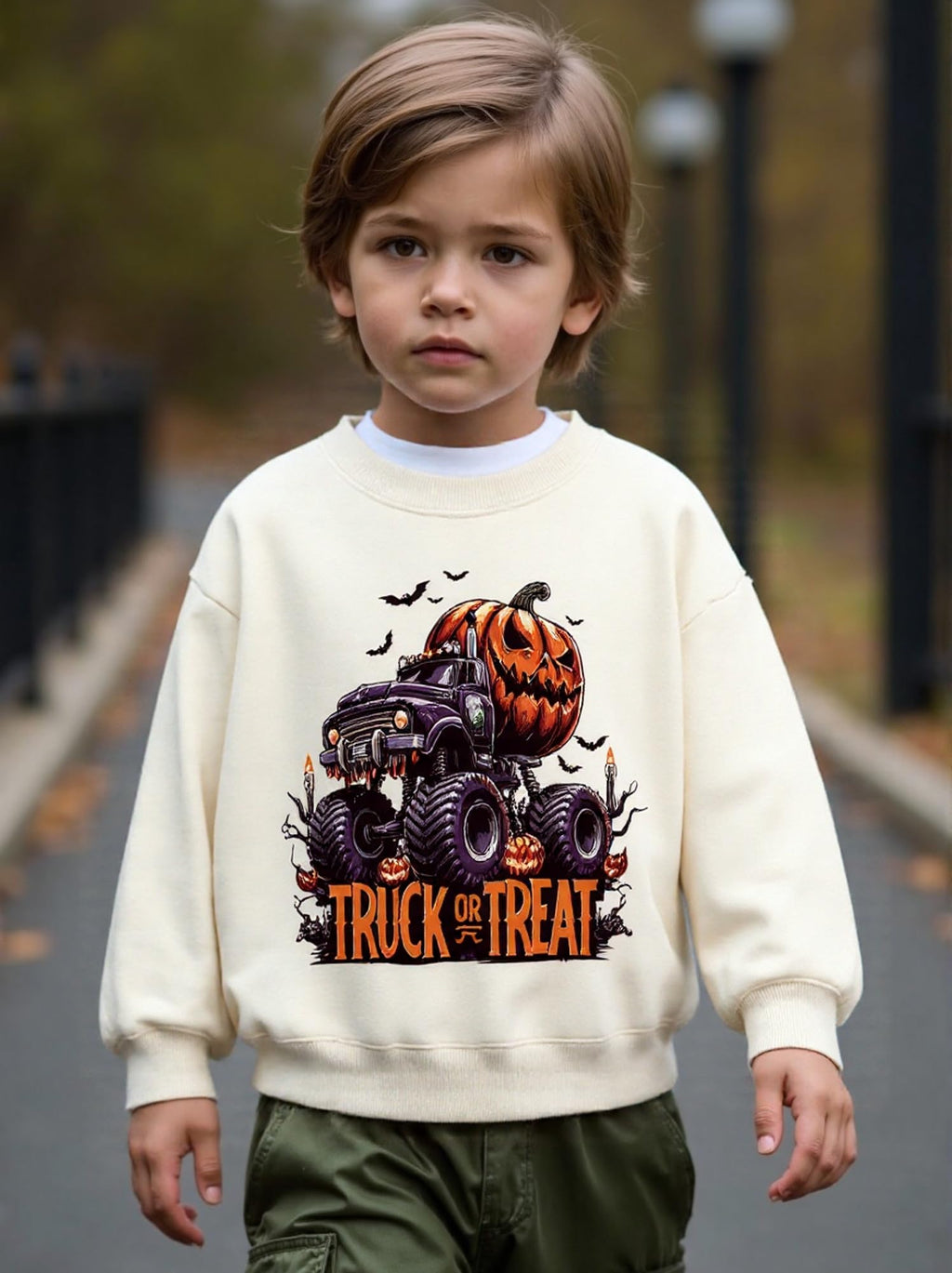 HQHKEPWA Toddler Halloween Sweatshirt 2t Boys Pumpkin Bat Monster Truck Girls Kids Shirt Cotton Long Sleeve Graphic Beige
