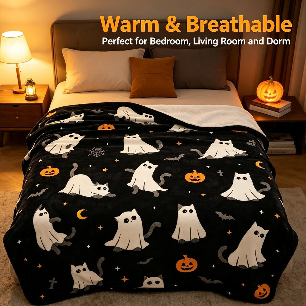 Konijoyce Halloween Throw Blanket Grid Pumpkin Cat Bat Ghost Flannel Throw Blanket for Living Room Couch Bed Chair Halloween Decor Gifts for Kids Adults