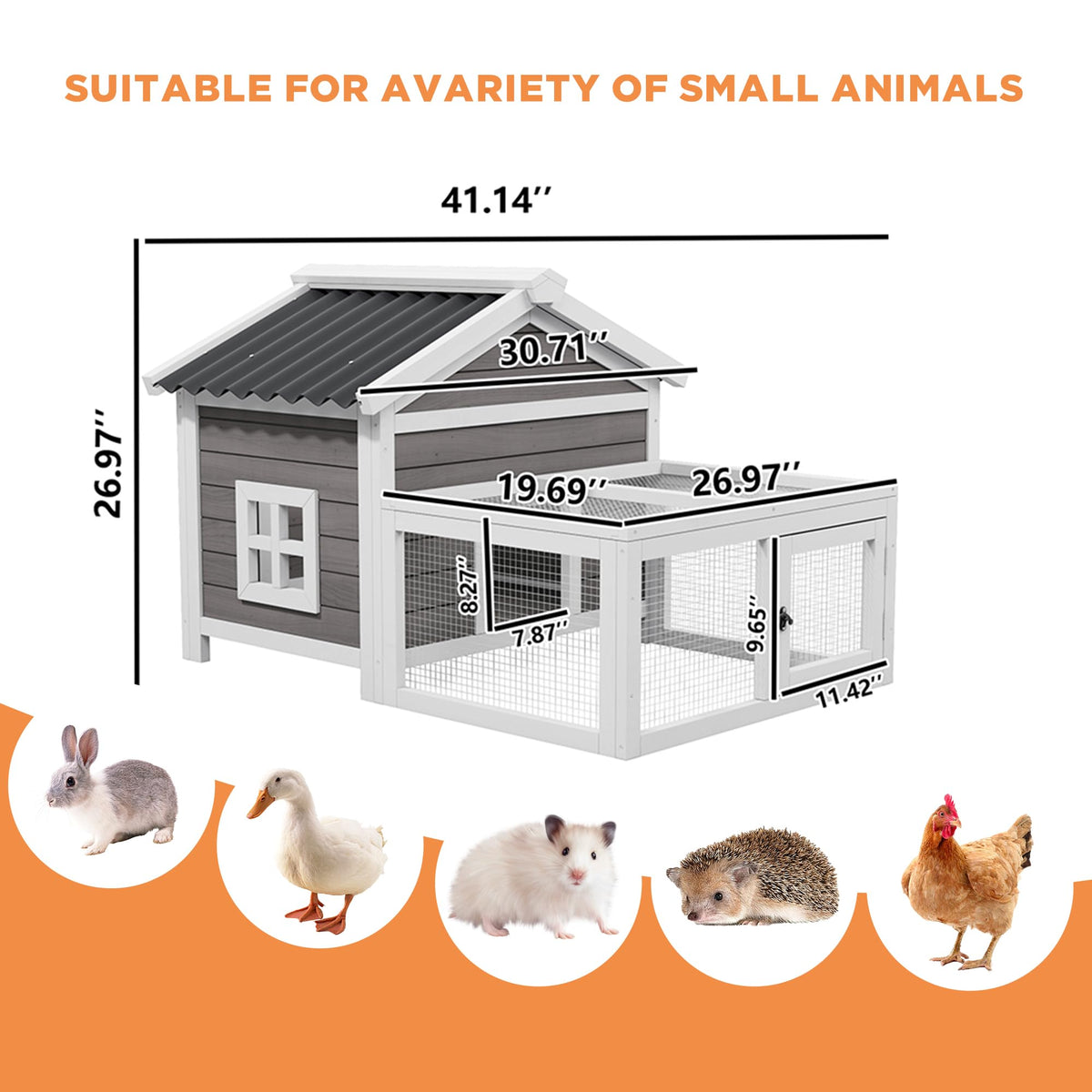 Rabbit Hutch with Run, Outdoor Woden Small Animal Cage with 2-Zone Design & Waterproof Roof for Bunny, Chicken, Quail, Guinea Pigs