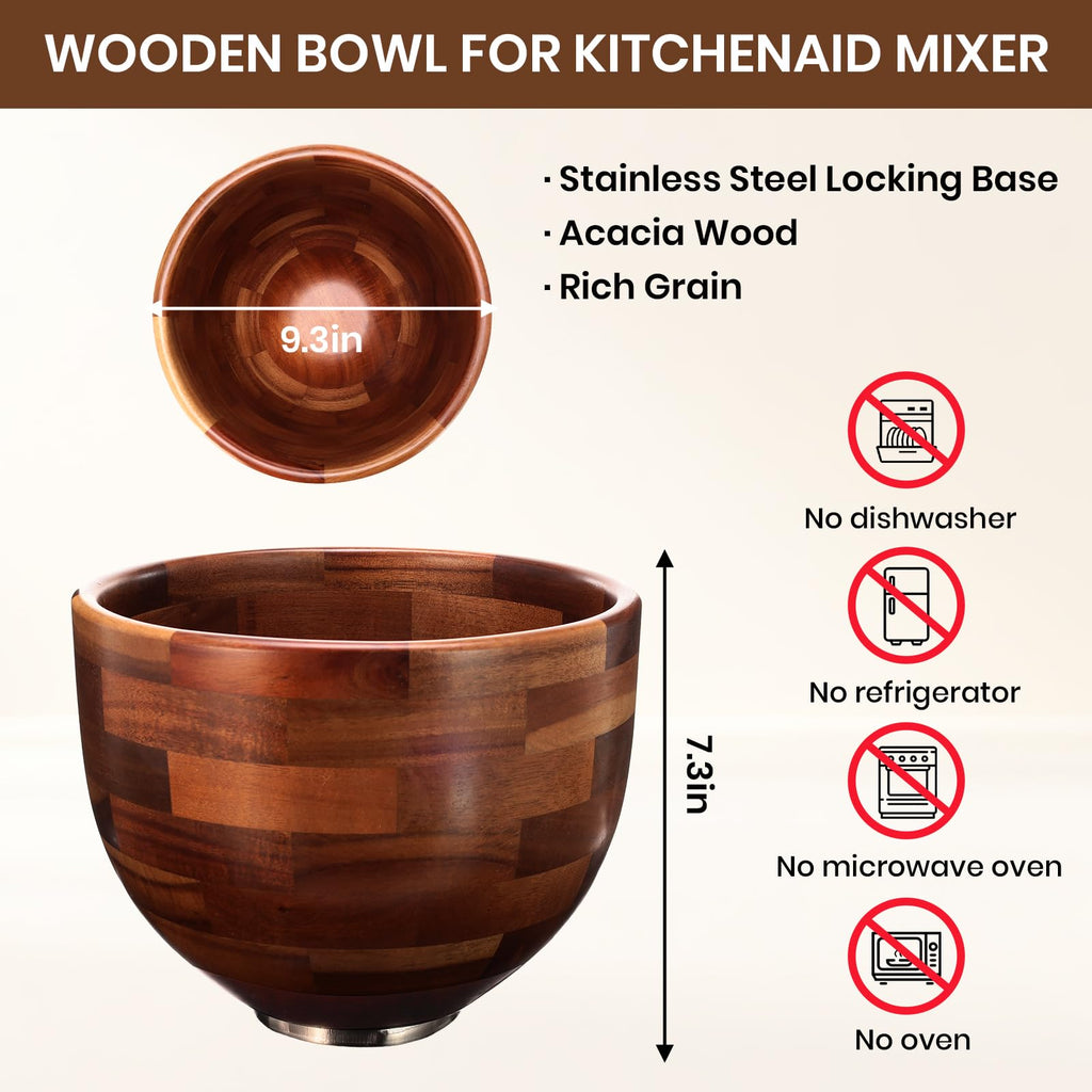 COOBL Acacia Wood Mixing Bowl for KitchenAid 5QT Stand Mixer