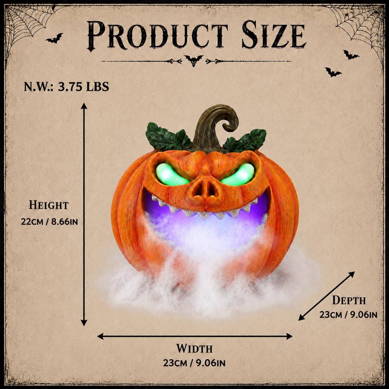 Sprgarde Halloween Pumpkin Mist Maker with Glowing Green Eyes, Lighted Resin Vine Pumpkin Monster with Fog Effect, USB-C Tabletop Decor for Indoor Parties and Haunted Houses