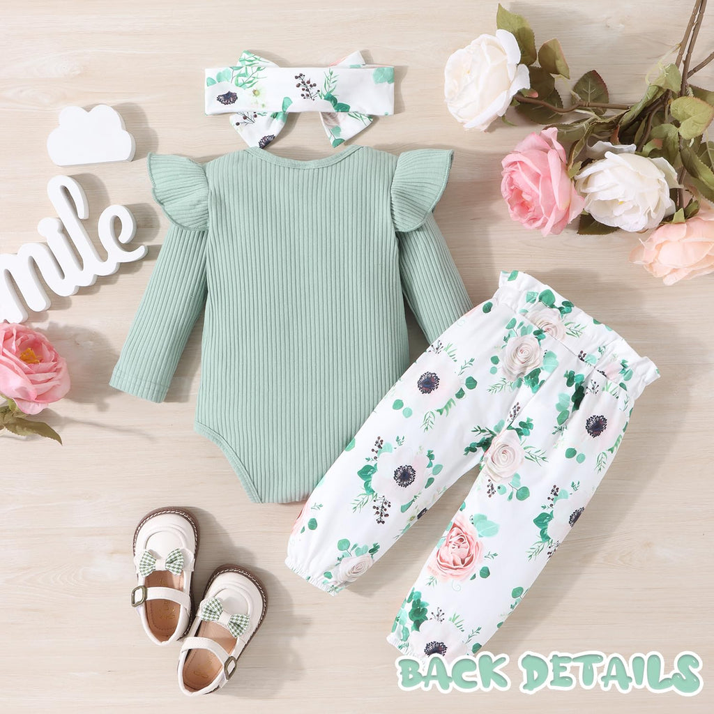 GDTOGRT Baby Girl Clothes Infant Outfit Ruffle Sleeve Romper and Floral Pants with Headband Cute Baby Clothes for Girls 3-6 Months - Green
