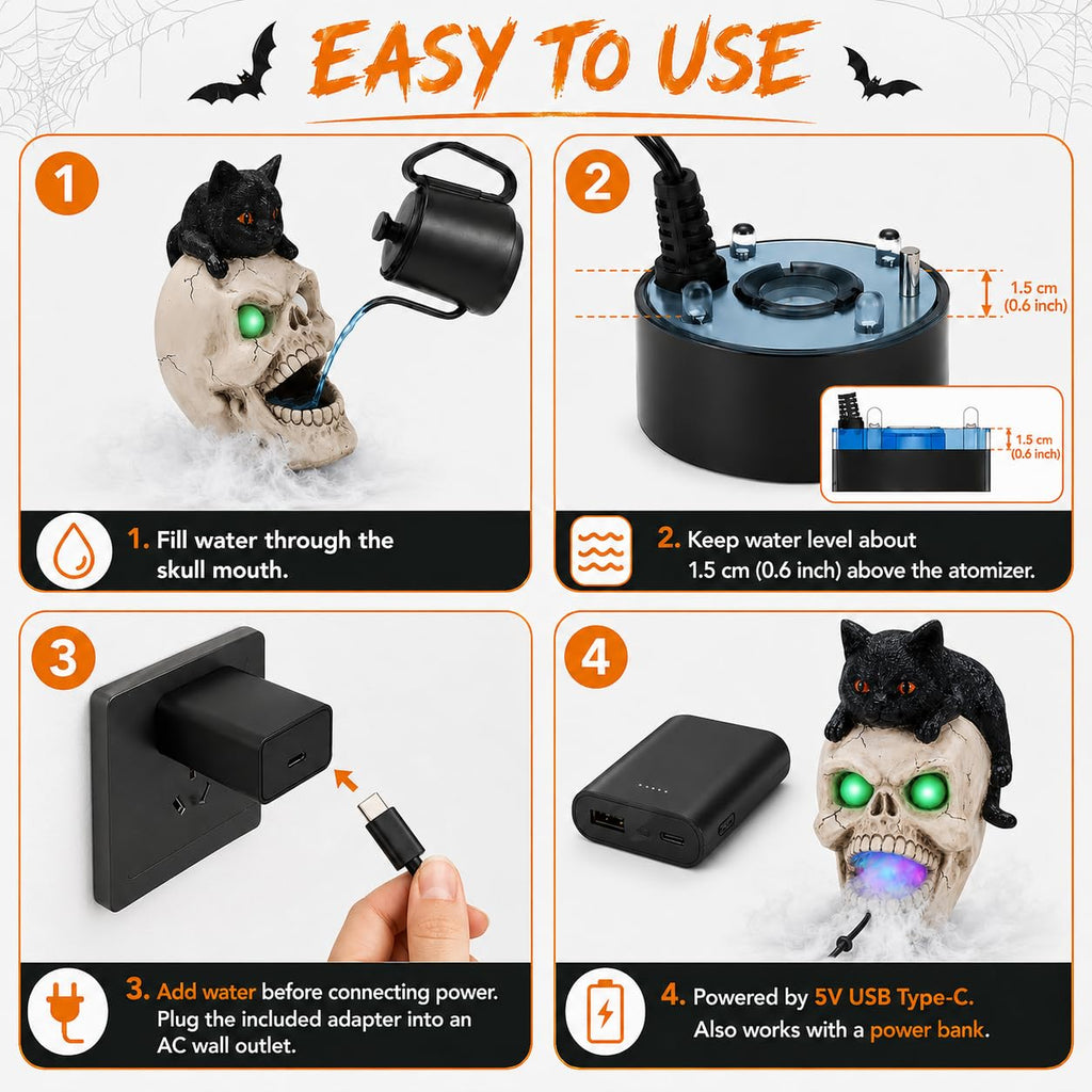 Halloween Black Cat Skull Mist Decoration with Glowing Green Eyes, Lighted Resin Skull Cat Decor with Built-in Atomizer, Spooky Tabletop Decor for Indoor Party Living Room Haunted House
