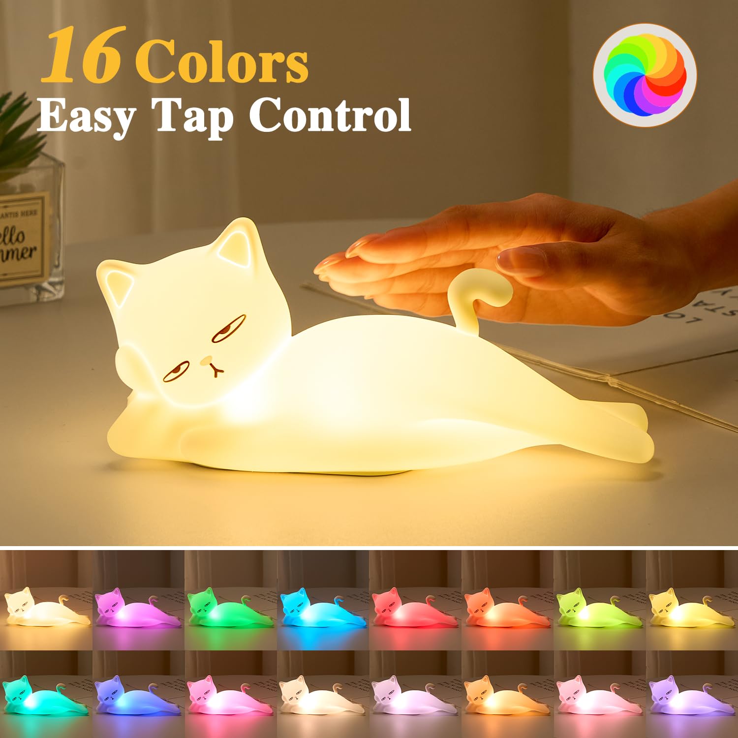 Mubarek Lying Flat Cat Lamp – 16 Colors, Touch & Remote, Rechargeable