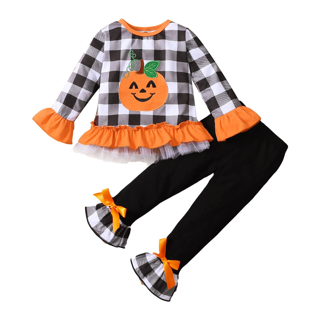 ITFABS 1-6T Toddler Girl Halloween Clothes Set Plaid Pumpkin T-Shirts Tees Pullover Shirts Tops+Flare Pants Outfit Set (Black, 2-3T)