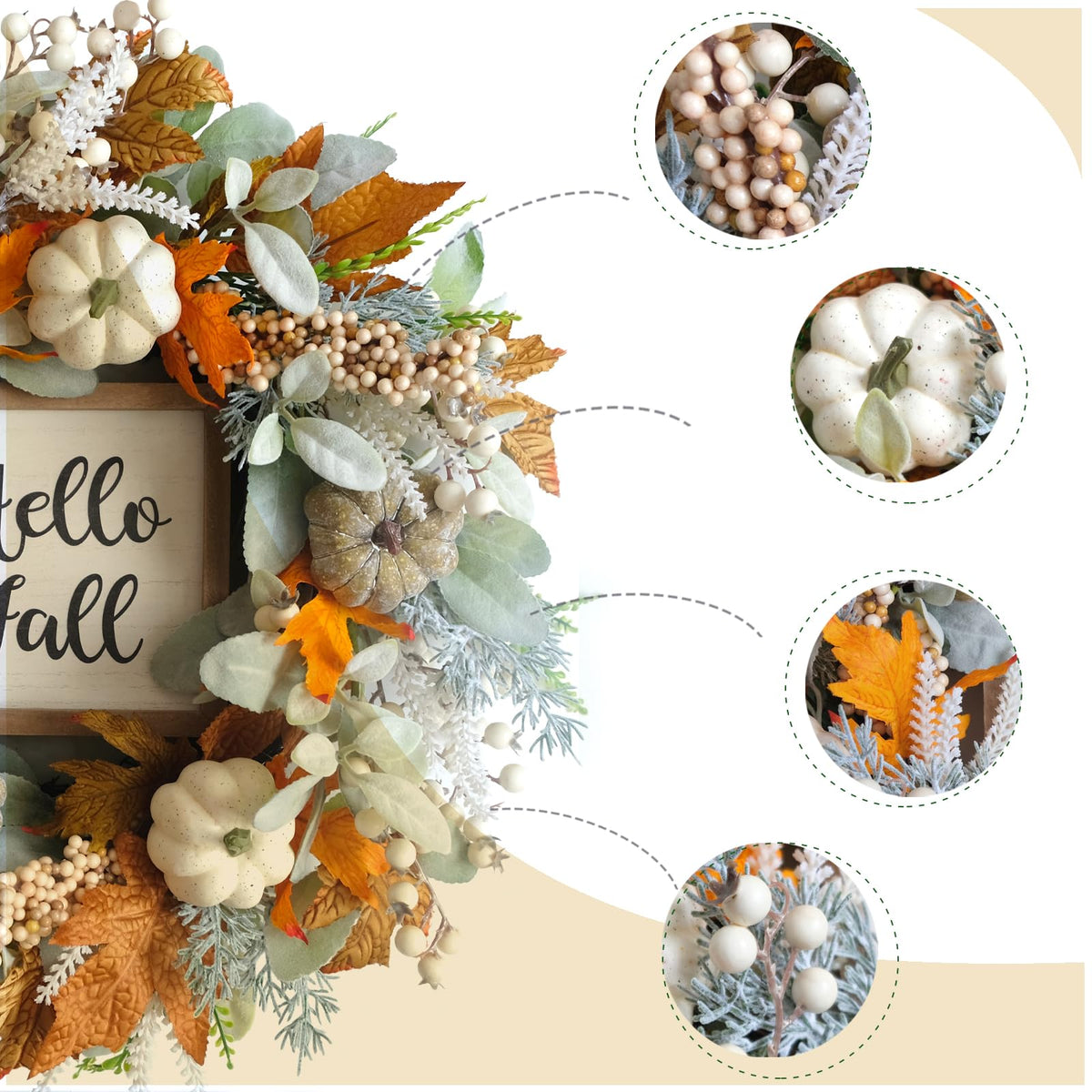20" Harvest Fall Wreath for Front Door,Pumpkins Berries Autumn Wreaths
