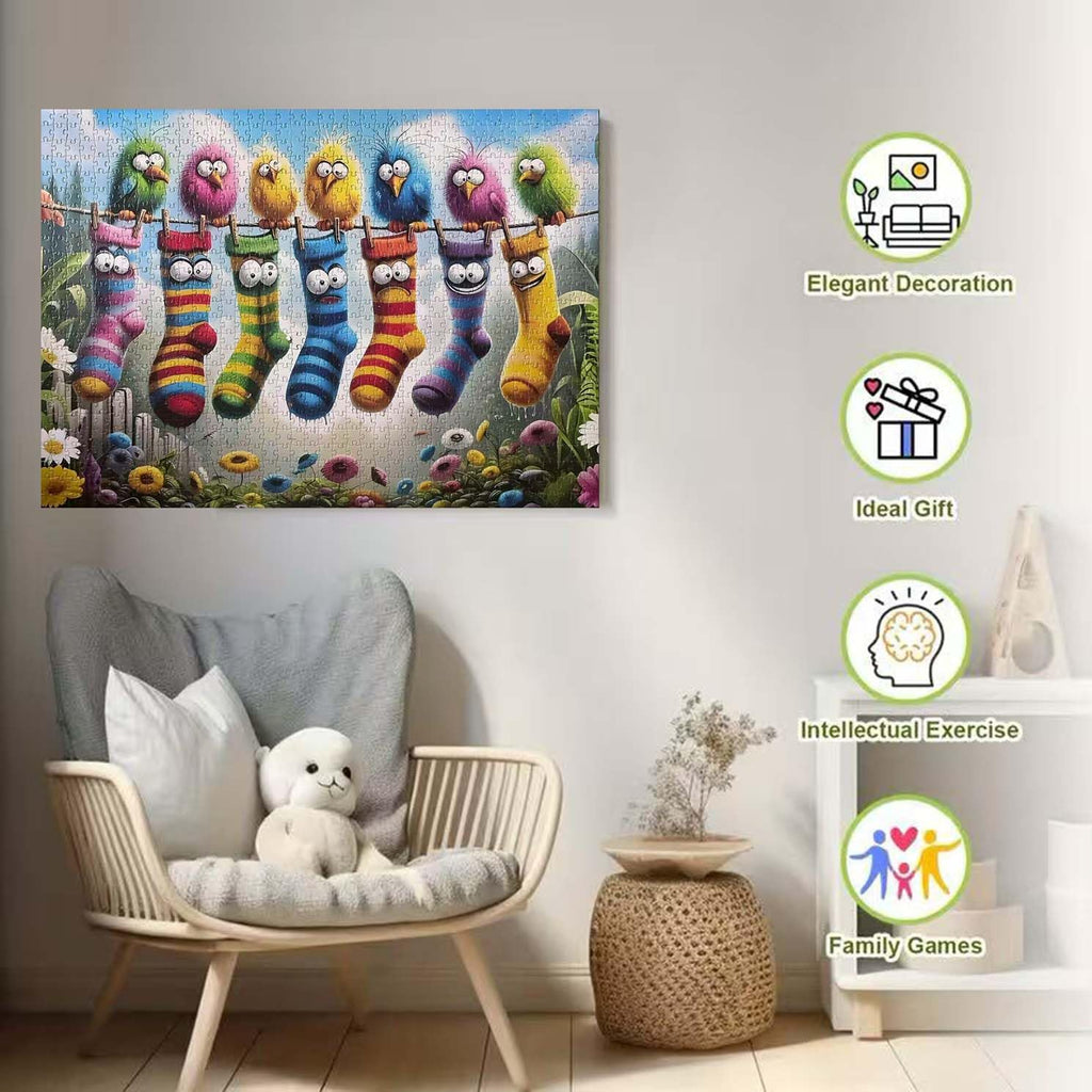 Birds Family Puzzles Colorful Cartoon Socks 1000 Pieces 27.5 X 19.7in