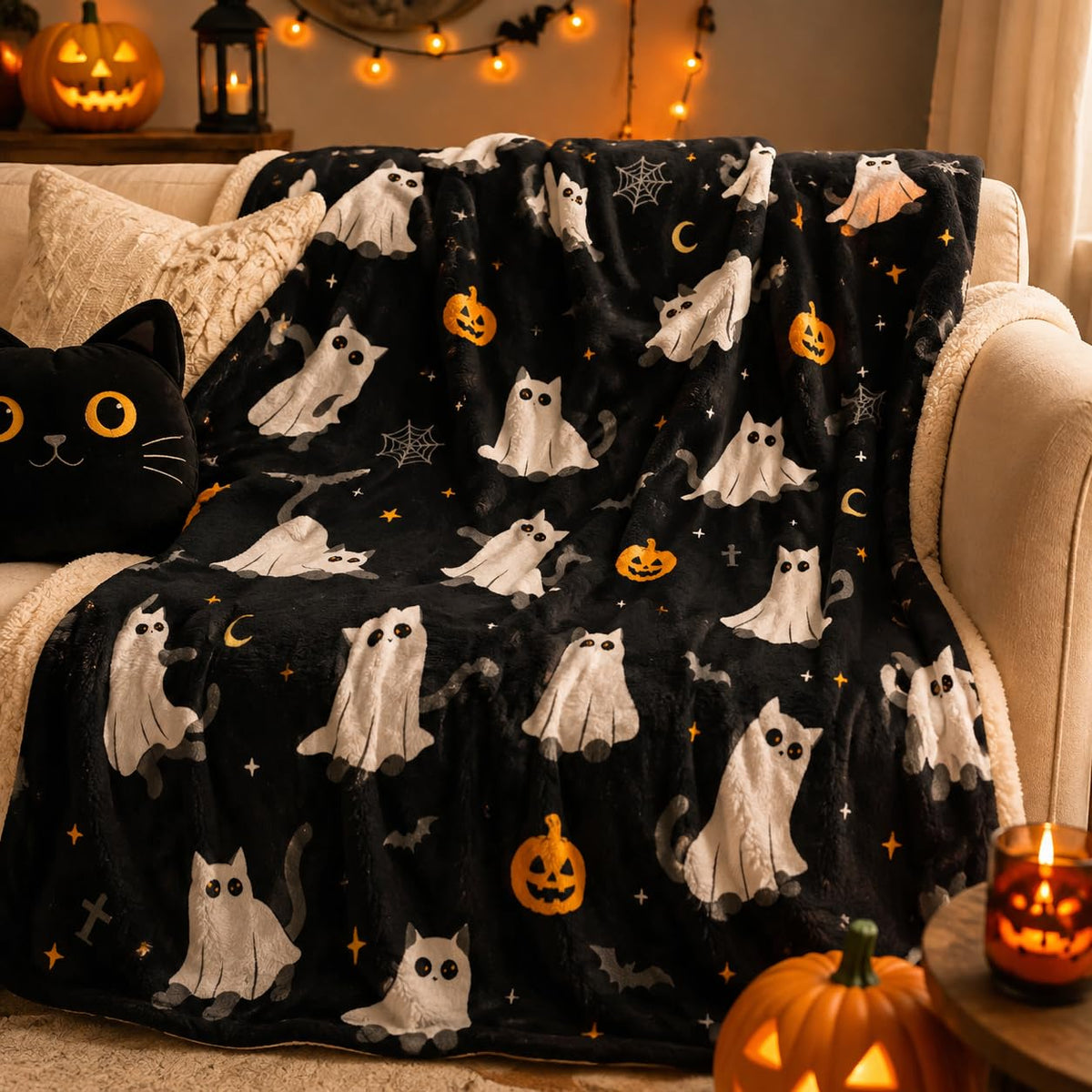 Konijoyce Halloween Throw Blanket Grid Pumpkin Cat Bat Ghost Flannel Throw Blanket for Living Room Couch Bed Chair Halloween Decor Gifts for Kids Adults