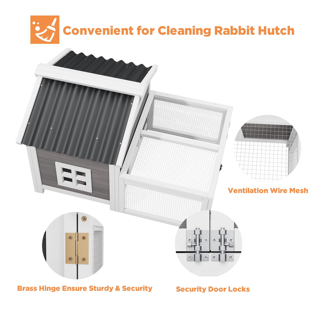 Rabbit Hutch with Run, Outdoor Woden Small Animal Cage with 2-Zone Design & Waterproof Roof for Bunny, Chicken, Quail, Guinea Pigs