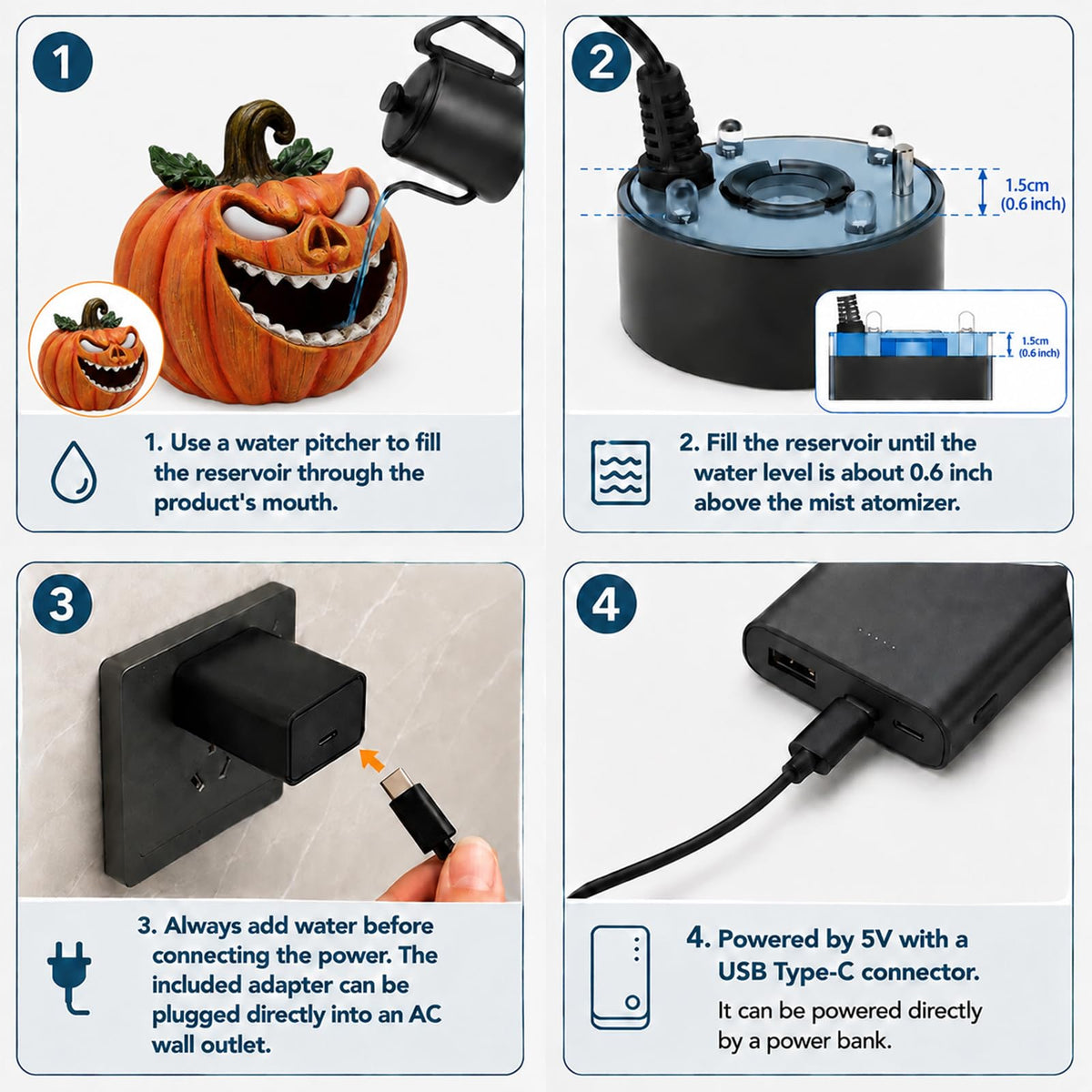Sprgarde Halloween Pumpkin Mist Maker with Glowing Green Eyes, Lighted Resin Vine Pumpkin Monster with Fog Effect, USB-C Tabletop Decor for Indoor Parties and Haunted Houses