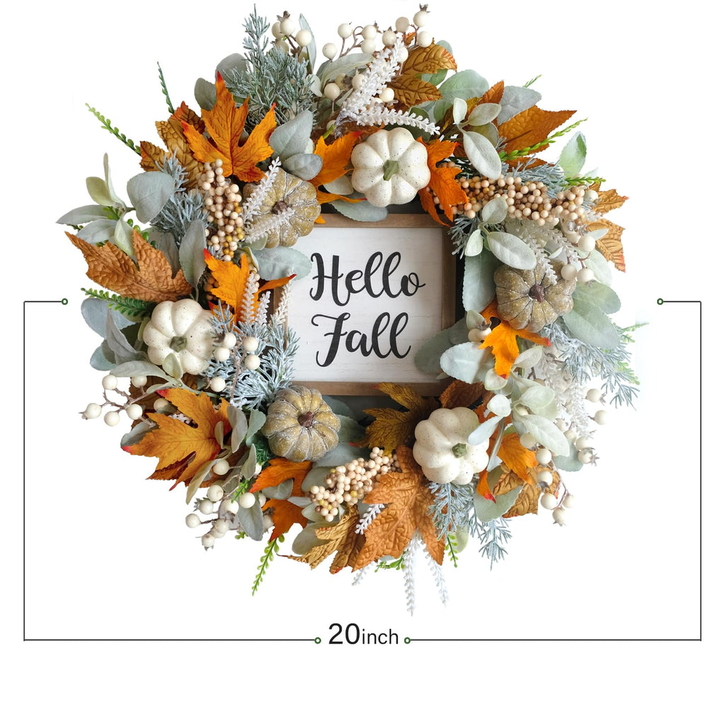 20" Harvest Fall Wreath for Front Door,Pumpkins Berries Autumn Wreaths