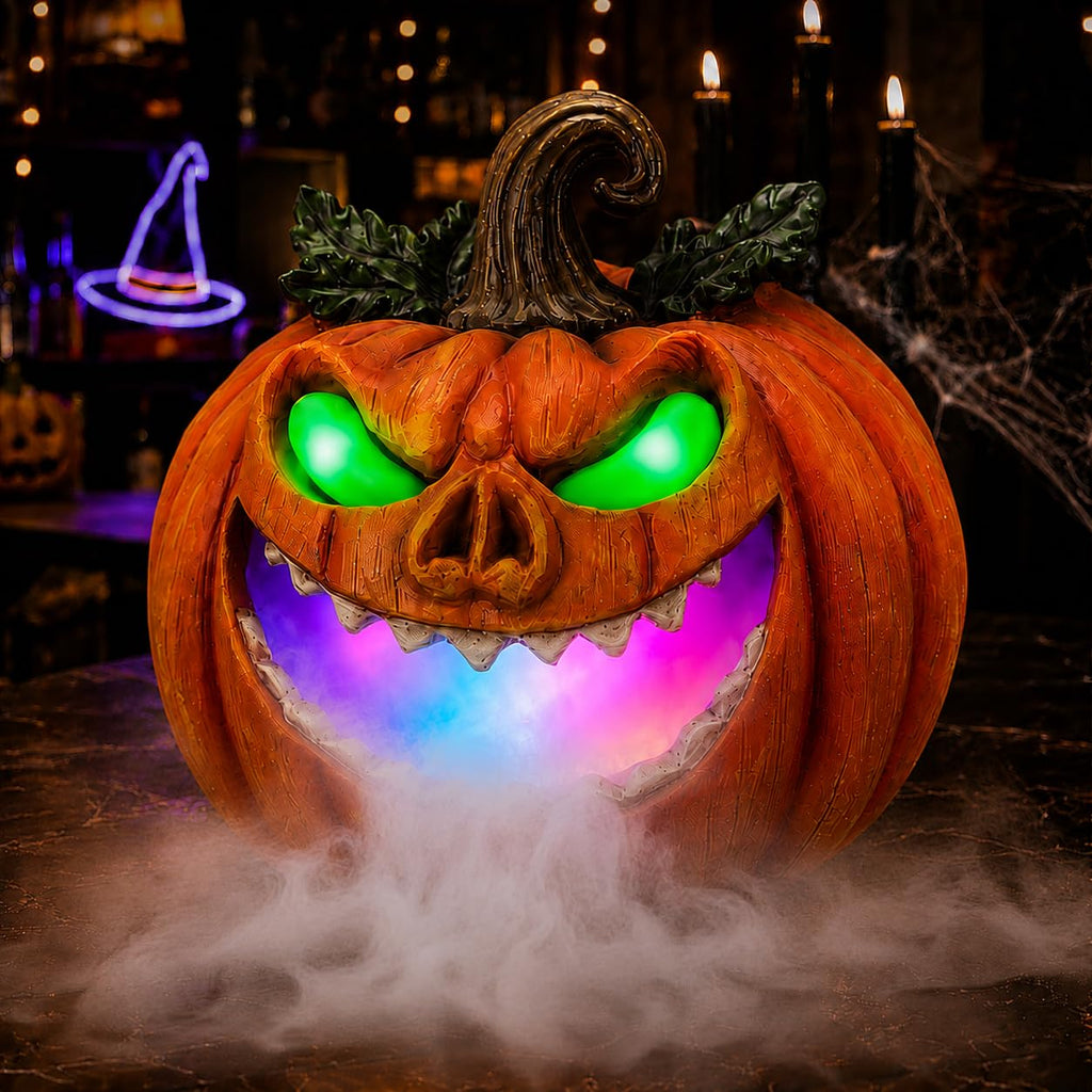 Sprgarde Halloween Pumpkin Mist Maker with Glowing Green Eyes, Lighted Resin Vine Pumpkin Monster with Fog Effect, USB-C Tabletop Decor for Indoor Parties and Haunted Houses