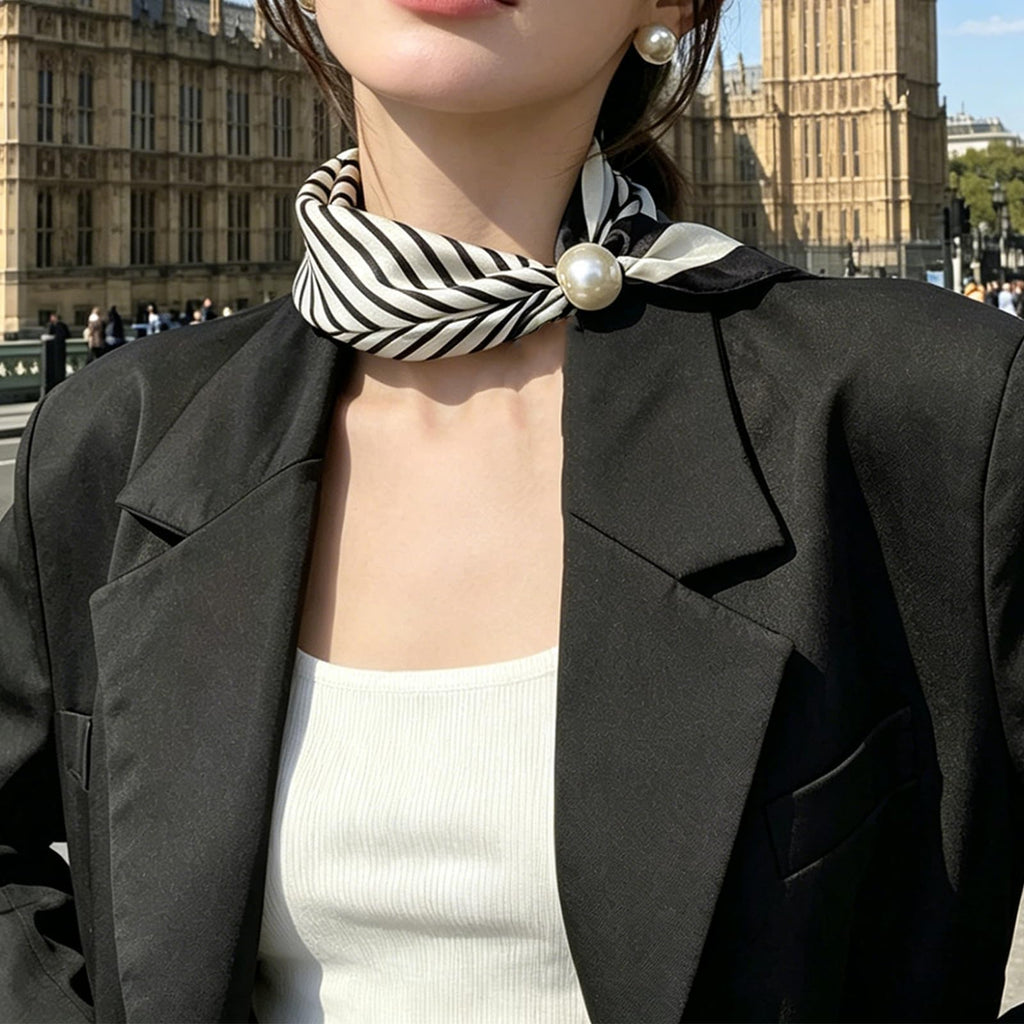 Sqsyqz 3PCS Magnetic Closure Scarf for Women, No Knot Pearl Satin Neckerchief, Silk Scarf Necklace for Woman (Leopard print)