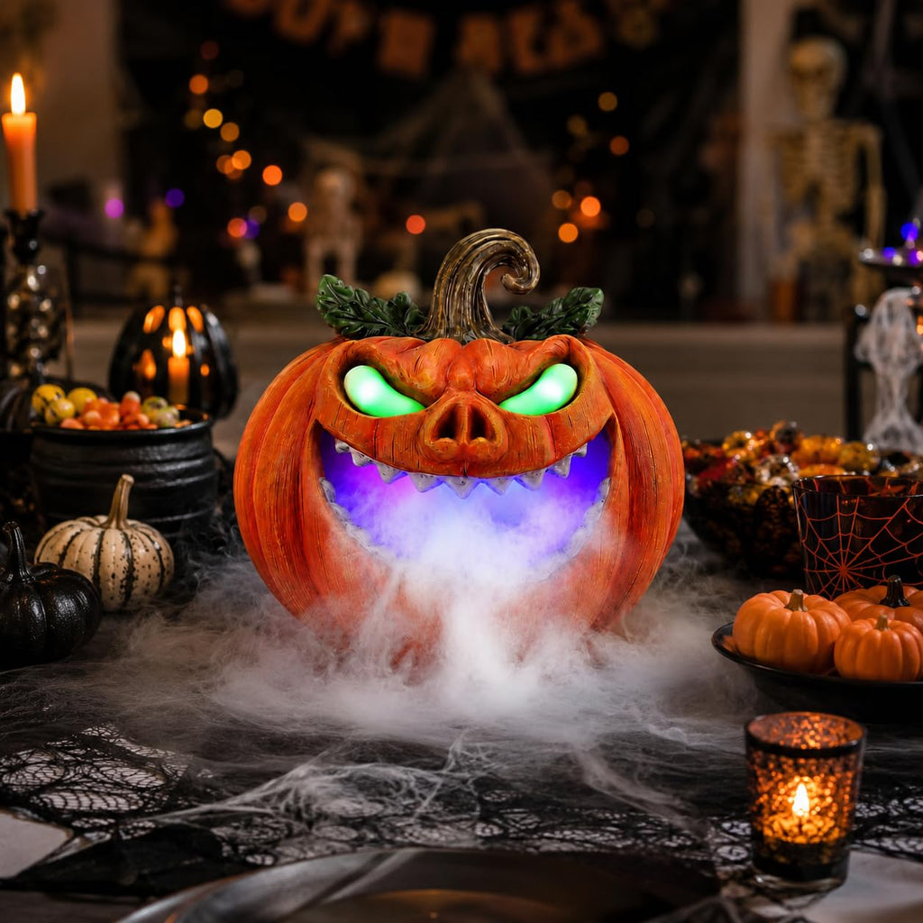 Sprgarde Halloween Pumpkin Mist Maker with Glowing Green Eyes, Lighted Resin Vine Pumpkin Monster with Fog Effect, USB-C Tabletop Decor for Indoor Parties and Haunted Houses