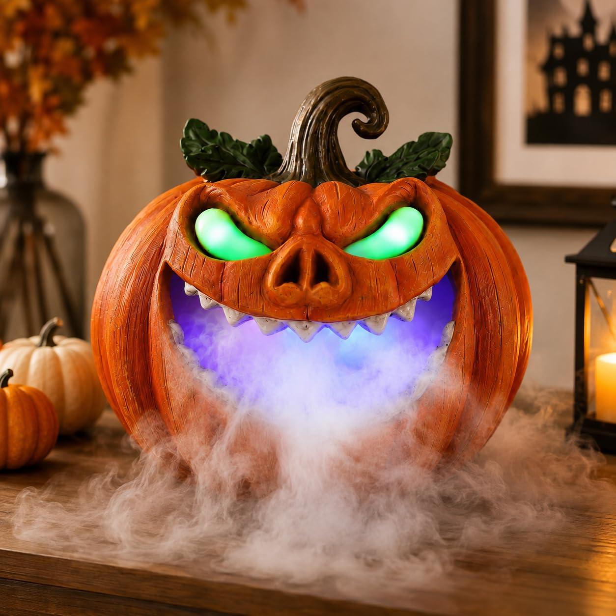 Sprgarde Halloween Pumpkin Mist Maker with Glowing Green Eyes, Lighted Resin Vine Pumpkin Monster with Fog Effect, USB-C Tabletop Decor for Indoor Parties and Haunted Houses