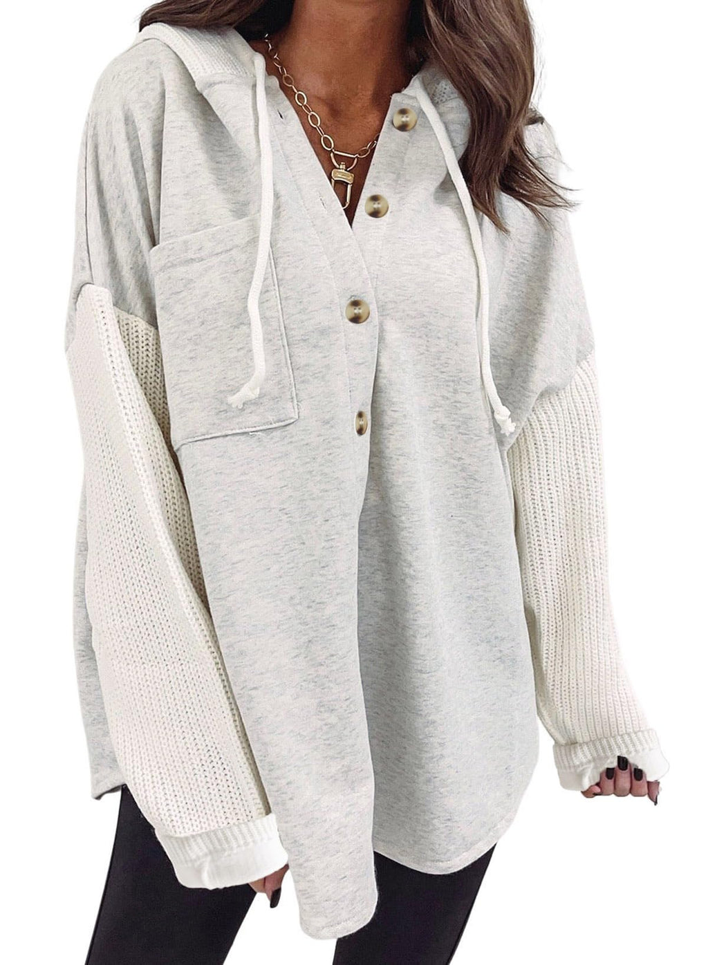 SHEWIN Women Oversized Hooded Sweatshirt Button Hoodies, Grey, Size L