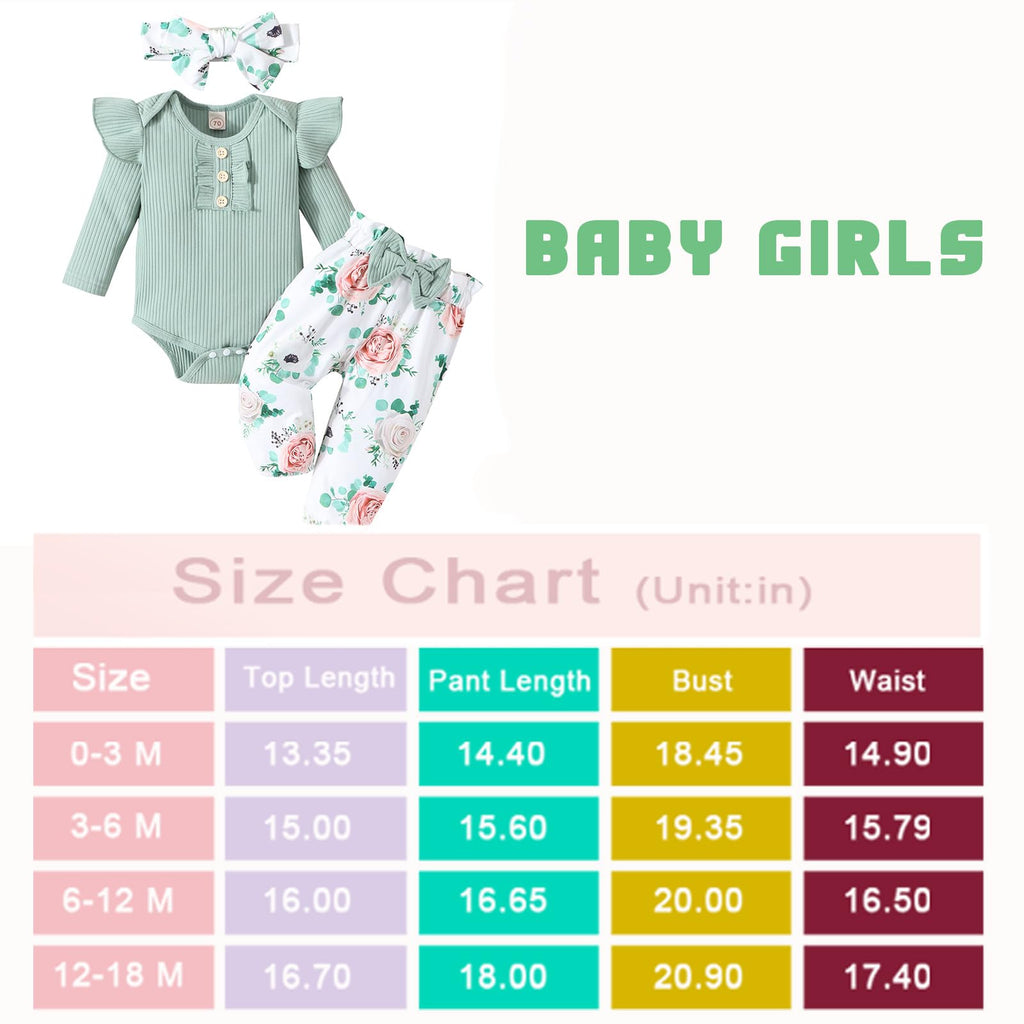 GDTOGRT Baby Girl Clothes Infant Outfit Ruffle Sleeve Romper and Floral Pants with Headband Cute Baby Clothes for Girls 3-6 Months - Green