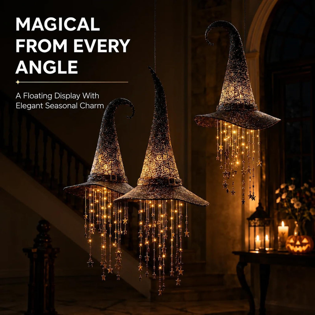 Lighted Witch Hat Hanging Chime, LED Halloween Hanging Decor，4 Pack