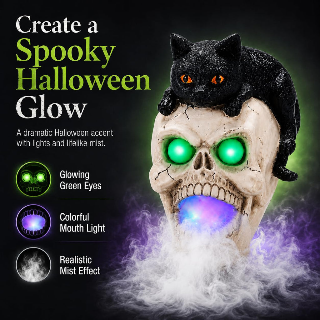 Halloween Black Cat Skull Mist Decoration with Glowing Green Eyes, Lighted Resin Skull Cat Decor with Built-in Atomizer, Spooky Tabletop Decor for Indoor Party Living Room Haunted House