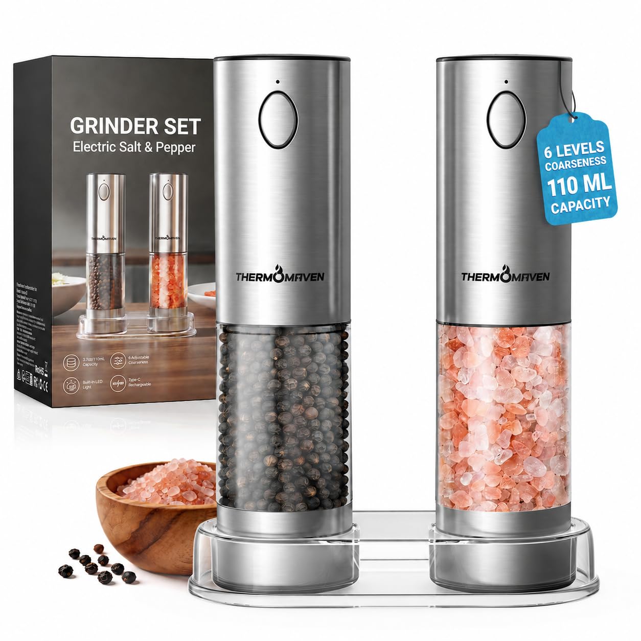 ThermoMaven Upgraded Larger Capacity Electric Salt and Pepper Grinder Set, 110ml Rechargeable Salt and Pepper Shaker with LED Light, Stainless Steel Automatic Pepper Mill with 6 Adjustable Coarseness
