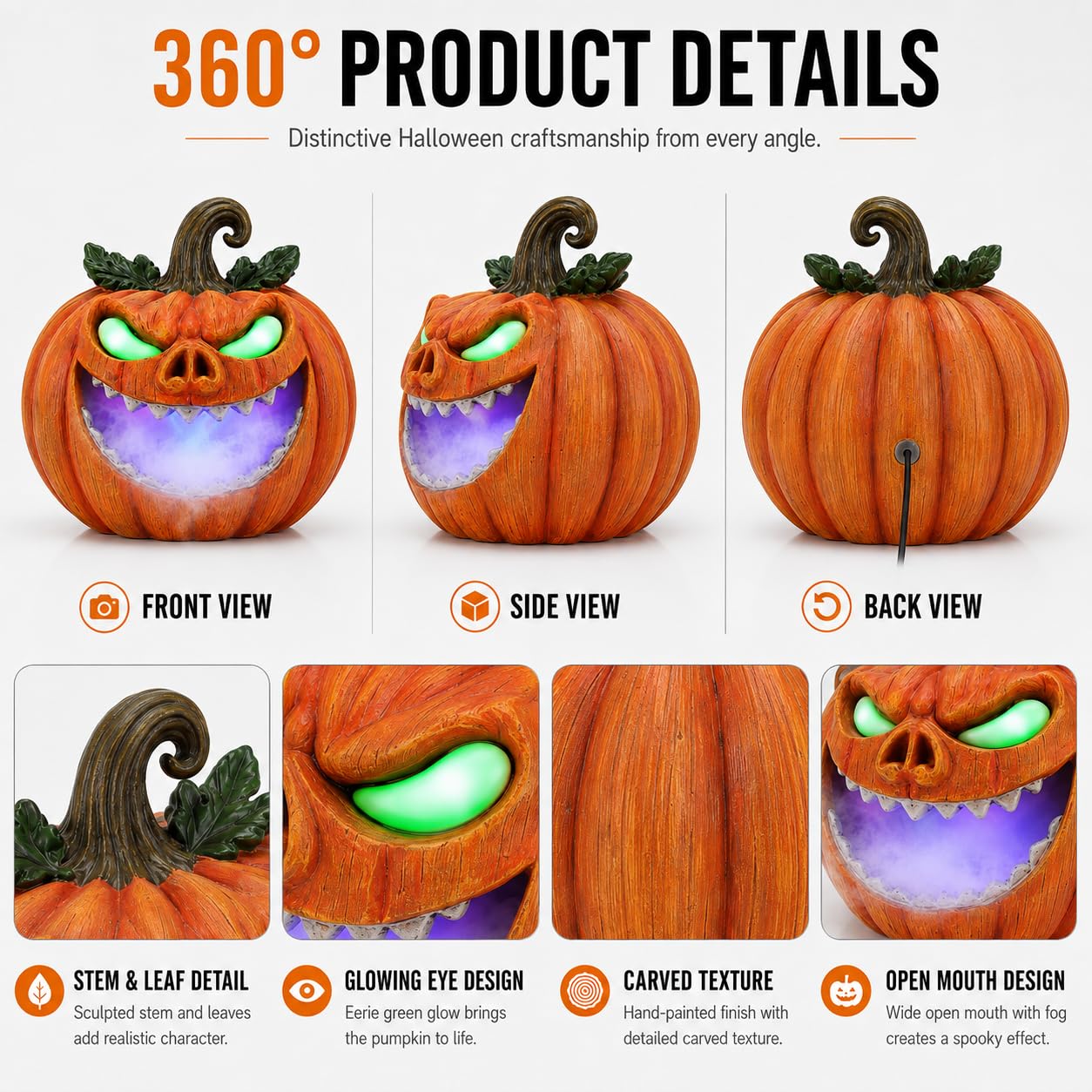Sprgarde Halloween Pumpkin Mist Maker with Glowing Green Eyes, Lighted Resin Vine Pumpkin Monster with Fog Effect, USB-C Tabletop Decor for Indoor Parties and Haunted Houses