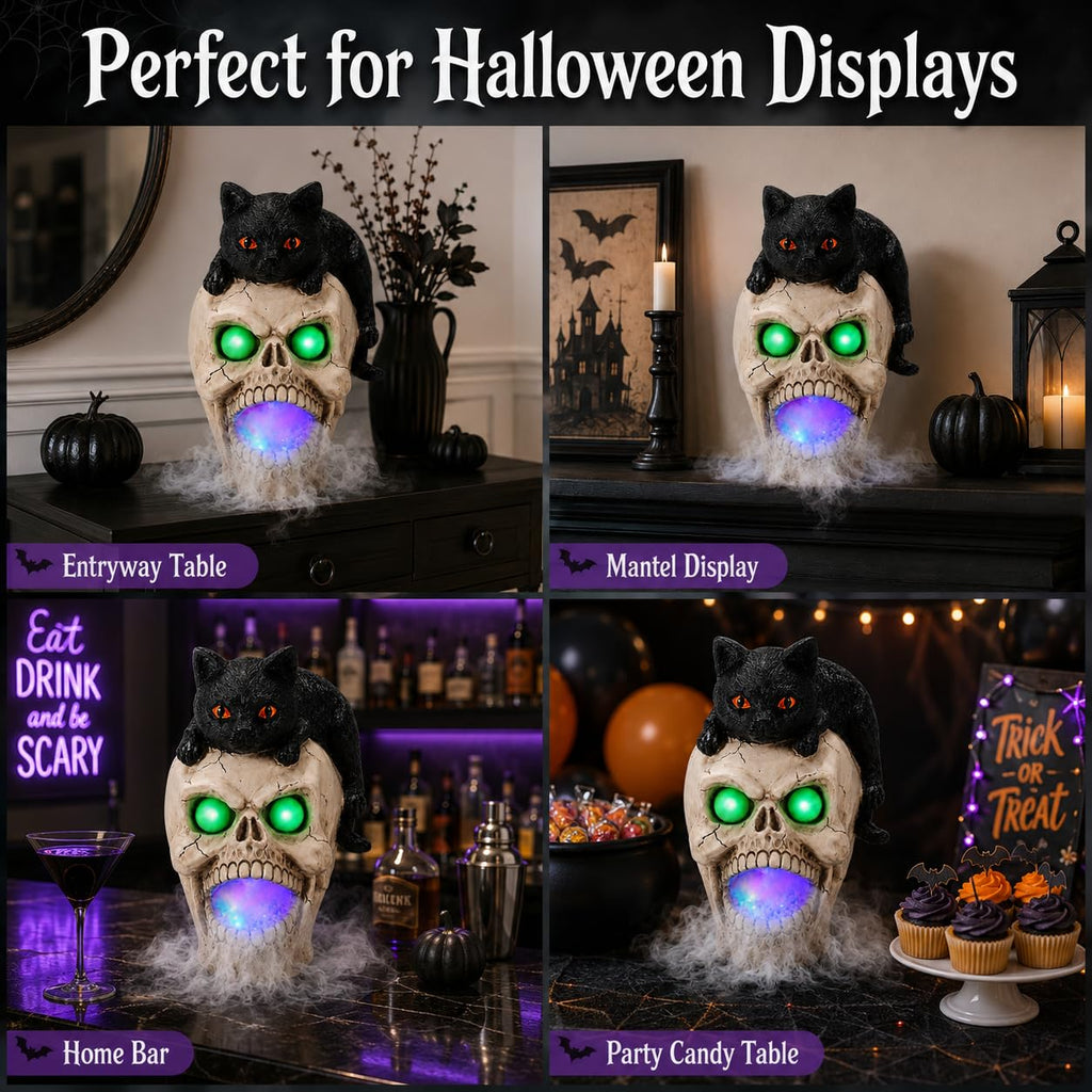 Halloween Black Cat Skull Mist Decoration with Glowing Green Eyes, Lighted Resin Skull Cat Decor with Built-in Atomizer, Spooky Tabletop Decor for Indoor Party Living Room Haunted House