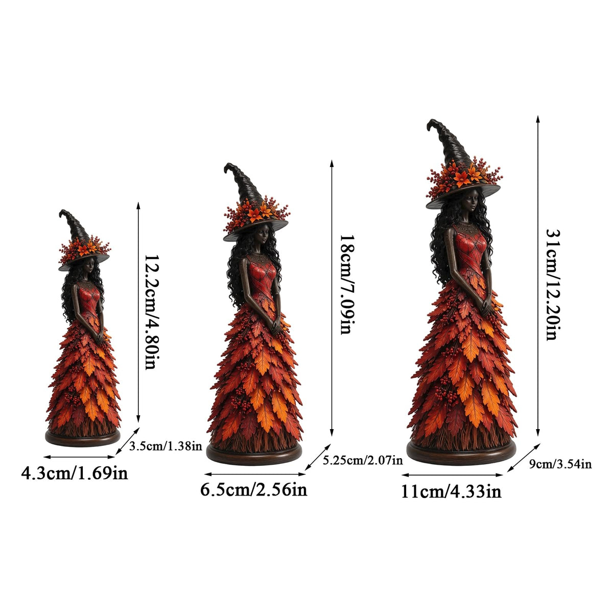 WANZZXCSL Enchanted Autumn Witch Figurine, Fall Witch Decor Halloween Tabletop Statue with Leaf Gown, Seasonal Resin Witch Decoration for Mantel Shelf Home，Saffron (Large)