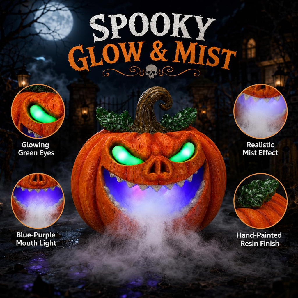 Sprgarde Halloween Pumpkin Mist Maker with Glowing Green Eyes, Lighted Resin Vine Pumpkin Monster with Fog Effect, USB-C Tabletop Decor for Indoor Parties and Haunted Houses