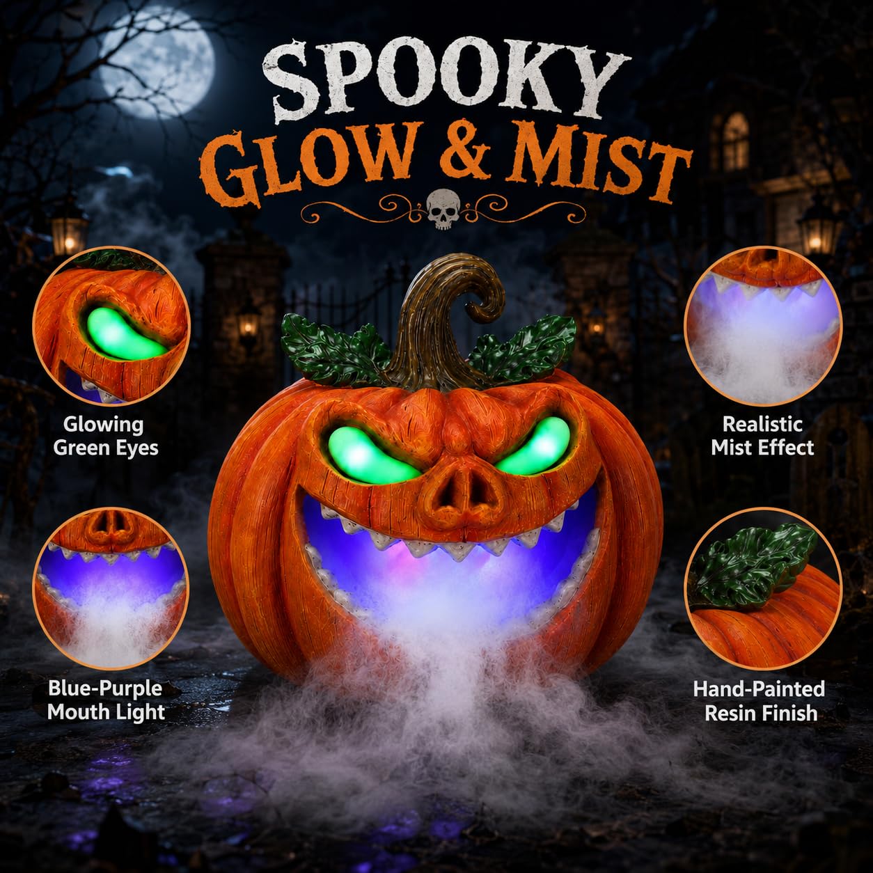 Sprgarde Halloween Pumpkin Mist Maker with Glowing Green Eyes, Lighted Resin Vine Pumpkin Monster with Fog Effect, USB-C Tabletop Decor for Indoor Parties and Haunted Houses