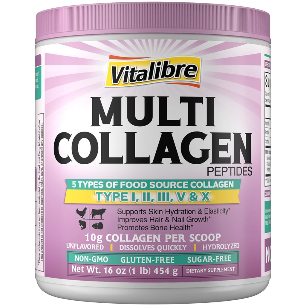 Vitalibre Multi Collagen Peptides Powder Type I II III V X, Hydrolyzed Collagen Protein for Women and Men, Skin, Hair, Nails, Unflavored, Non-GMO, Keto & GF, Zero Sugar, 45 Servings, 16oz